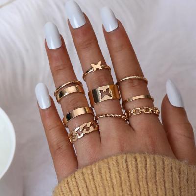 China Hot Selling Boho Style Multi Ring Fashion Jewelry Hollow Butterfly Ring Common Chain Opening Female 9 Piece Ring Double Layer for sale