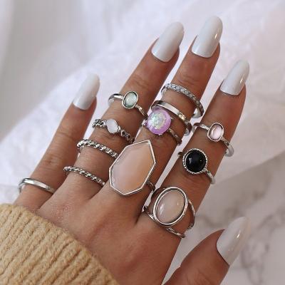 China New Ring Retro Jelly Color Zirconia Geometric Oval Geometric Multi Set Female Diamond Ring Boho Style Black Gemstone 12 Pieces for sale