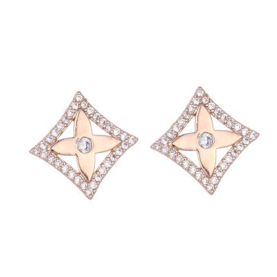 China Romantic flower Zircon copper stud earrings simple temperament, European and American square, sweet ladies for sale