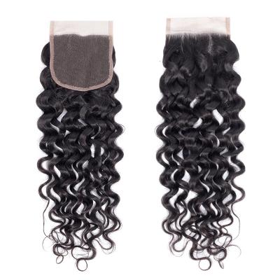 China Soft Smooth No Shedding No Tangle 6-16inch 100% Discount Unprocessed Brazilian Virgin Hair Water Wave Cuticle Aligned Transparent 4X4 Lace Swiss Closure for sale