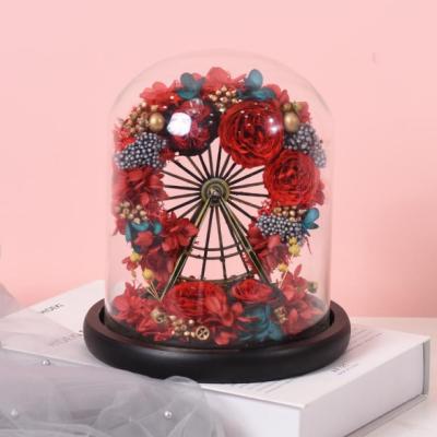 China Hot Selling Natural Touch Preserved Rose With Ferris Wheel In Eternal Glass Dome Decoration Gift Preserved Rose Flower for sale