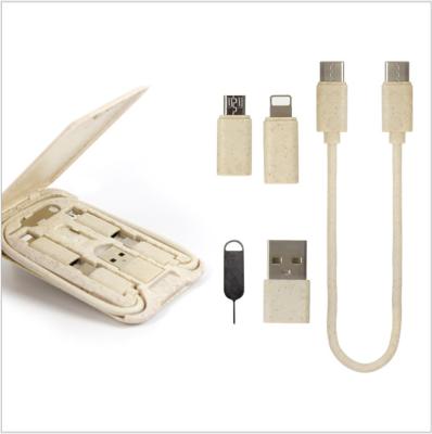 China Mobile Phone Wheat Straw 4 In 1 Transfer Usb Product Cable Phone Stand Fast Charging Micro Type C Straw Packaging Data Cables Degradable for sale