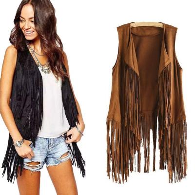 China Long Hippie Open Tops Tassels 70s Front Cardigan Vintage Cowgirl Waistcoat Fringe Women Faux Suede Ethnic Vest Sleeveless Vest for sale