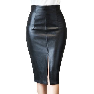 China 2022 Women's Sexy Midi Bodycon Bodycon Breathable Black PU Leather Skirt New High Waisted Split Skirt Office Pencil Skirt Knee Length for sale