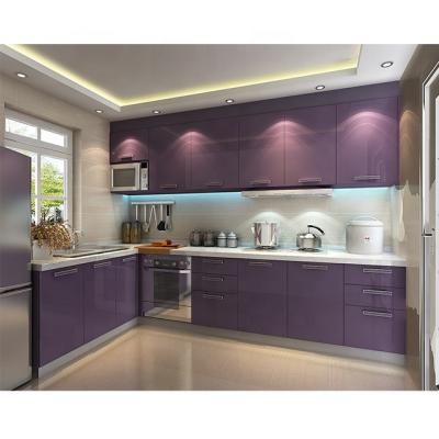 China Environmental Friendly Modern L Shape Purple High Gloss Lacquer Kitchen Cabinets for sale