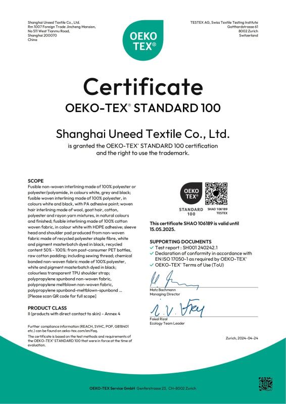 OEKO-TEX STANDARD 100 Certificate - Shanghai Uneed Textile Co.,Ltd