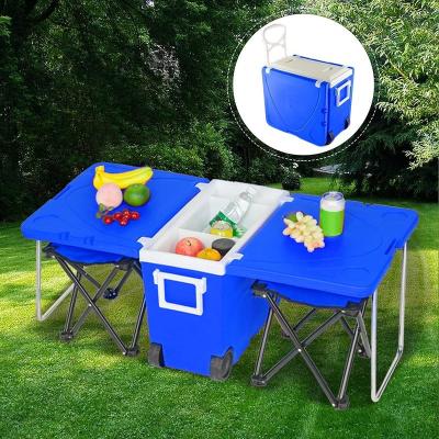 China Hot Rolling Insulated Multifunctional Insulated Cooler with Table 2 Foldable Stools for Outdoor Fishing Camping Picnic for sale