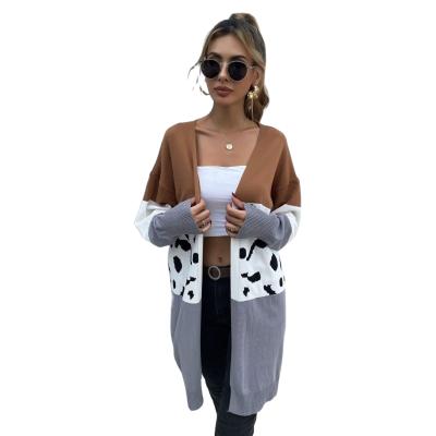 China Wholesale Anti-wrinkle V-neck patchwork leopard print pattern factory autumn long cardigan sweater woman ladies for sale