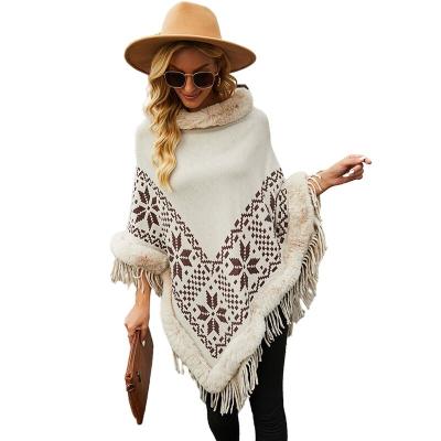 China 2021 Wholesale Sweater Sweater Anti-wrinkle Winter Hairy Collar Cape Printed Loose Fringed Knit Sweater for sale