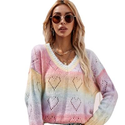 China New Anti-wrinkle Fashion Spring And Autumn Rainbow Color V-Neck Long Sleeves Knit Sweater For Ladies for sale