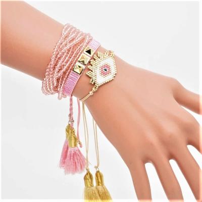 China CLASSIC Thank You Wrist Band Daily Adjustable Pink Loose Seeds Beaded Japanese Woven Miyuki Tila Tassel Heart Bracelets for sale