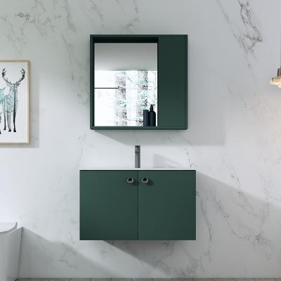 China Modern Matt Green Painting Solid Wood Bathroom Vanity With Mirror Cabinet for sale