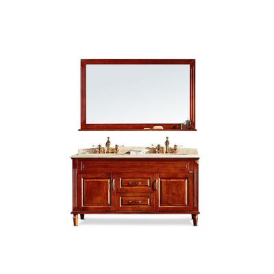 China Waterproof and luxury marble top hotel classic red brown solid wood bathroom cabinet with washbasin for sale