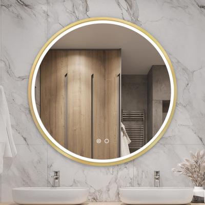 China Gold Wall Mounted Magnifying Round Electric Lighted Bathroom Mirror With Light Above Vanity for sale