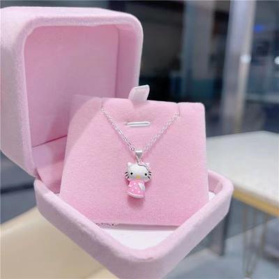 China Sroanchdi s925 Cute Silver Kitty Kids Hello Kitty Necklace with Chain Hello Kitty Jewelry For Girls Necklace-Pink Cat Pendant 45cm for sale