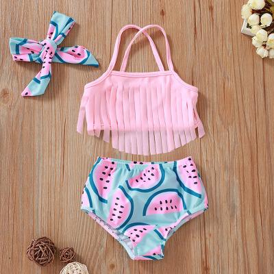 China Two Piece Swimsuit Toddler Girl Swimwear Tops+Watermelon Fringe Pattern Summer Breathable Cartoon Babies Swimwear With Headband for sale