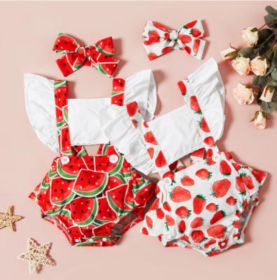 China 2021 Anti-Static Hot Summer Fruit Watermelon Strawberry Printed 0-12m Baby Boutique Backless Lace-Up Two Piece Set Romper for sale