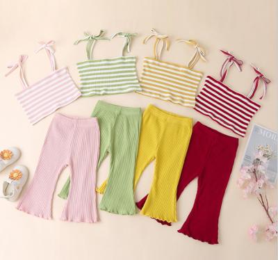 China 2021latest new Anti-wrinkle summer striped suspender + solid color trumpet pants girls clothing two-piece set for sale