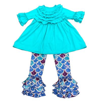 China 2019 New Styles Polyester/Cotton Kids Clothing Long Sleeve Tunic And Ladder Print Ruffle Solid Pants Matching Clothing Sets for sale