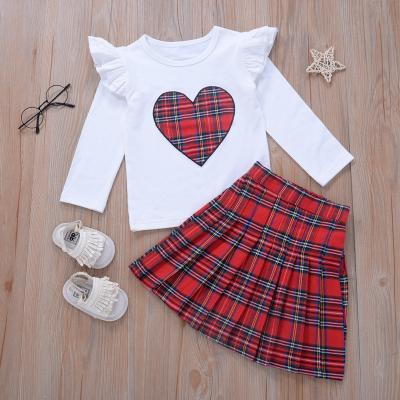 China Clothes 2022 new arrivals spring girl's casual sleeve flight top baby pleated skirt little girl's red plaid skirt suit for sale