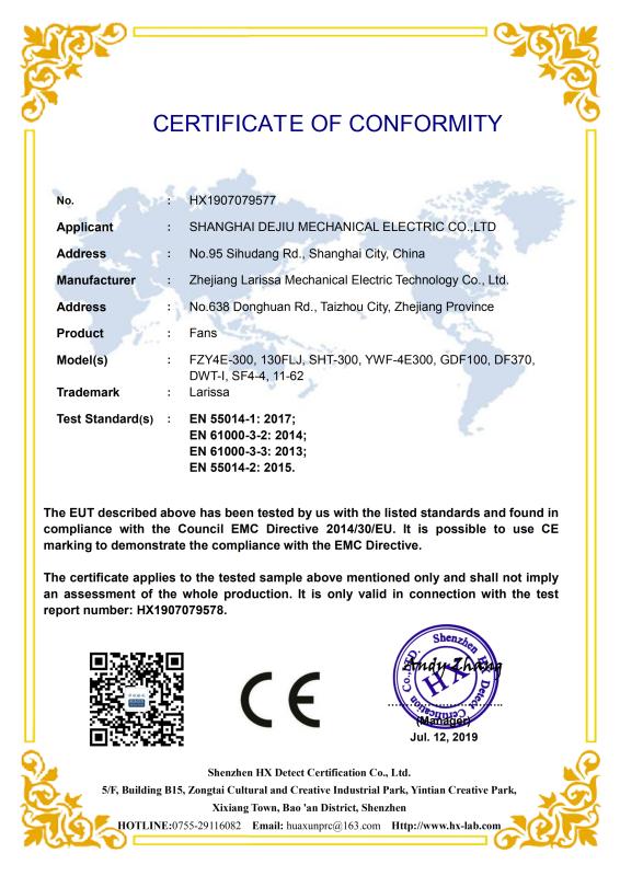 CE - Zhejiang Larissa Mechanical Electric Technology Co., Ltd.