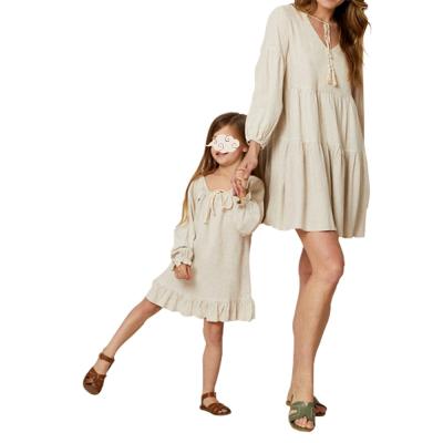 China Mommy and Me Dresses Mommy and Me Plus Size V-Neck Mini Dresses Long Sleeve Cotton Canvas With Matching Drawstring Family Dress Outfits for sale