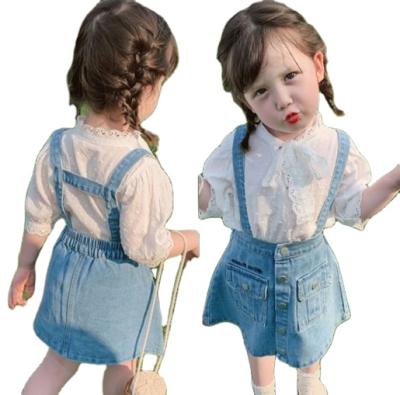 China Summer Casual Dress Tendy Little Girl Dresses Lace Fabric Top Suspender Denim Dress Skirt Two Piece Set for sale