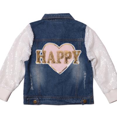 China 2020 Sale Girls Heart Shaped Breathable Warm Coat Long Sleeve Printing Baby Sequined Small Denim Jacket for sale