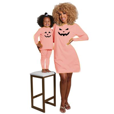 China Wholesale Casual Baby Halloween Costume Pumpkin Printed Long Sleeve Woman Dress Mommy And Me Outfits for sale