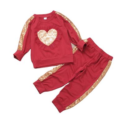 China Winter casual clothes for girls sets red sequin heart sports wear girls valentines outfits kids 2 piece sets for sale