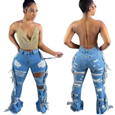 China 2022 QUICK DRY new design European and American broken holes washed tassels women jeans pants S-3XL denim for sale