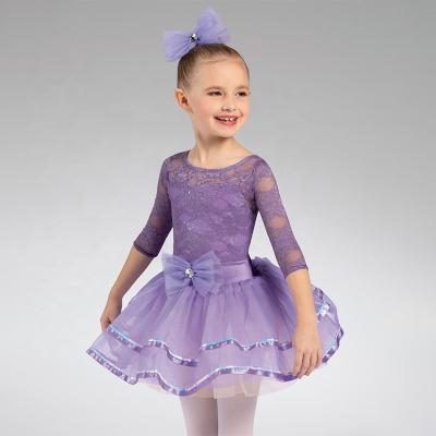 China Wholesale Custom Comfortable Kids Training Wear 3/4 Sleeve Lace Skirt Performance Dance Skirt Princess Ballet Dresses For Girls for sale