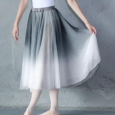 China 2021 Comfortable Newest Adult Customs Officer Training Dancewear Dance Rehearsal Chiffon Skirt Water Ink Color Long Performance Ballet Skirt for sale