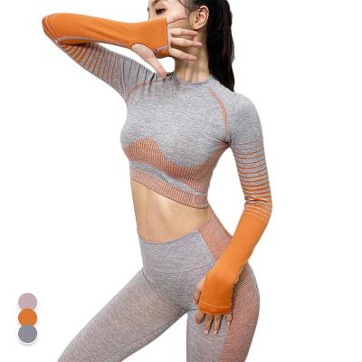 China 2021 QUICK DRY New Arrived Seamless Patchwork 2 Piece Sports Set Top Gaiters Logo Gym Fitness Sets Custom Women's Long Sleeve Crop Workout for sale