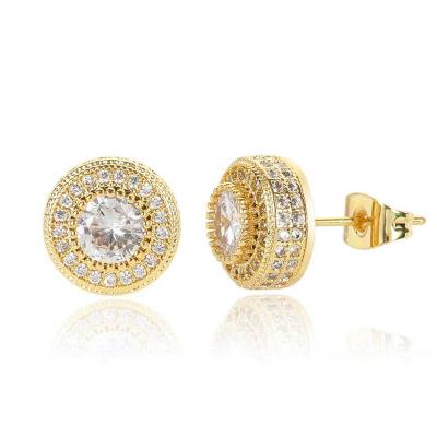 China WG027 Classic Hiphop Brass Cubic Zircon Stud Earring Iced Out Full Round Diamond Gold Copper Earrings Men Micro Paved Women for sale