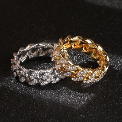 China Hot Selling 8mm Brass Gold Plated Zircon Cuban Link Chain Rings Anillos De Compromiso De Circonia Hiphop WG092 For Men Or Women for sale