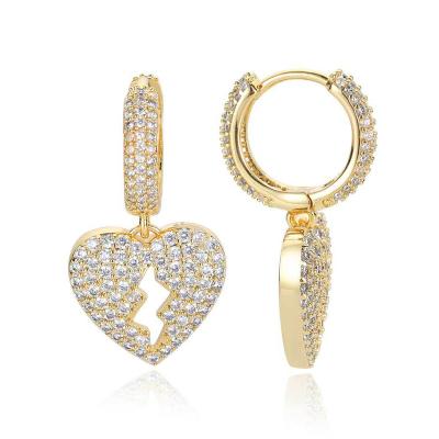 China Wholesale Pendientes De Corazon Gold Circle Zircon Heart Drop Earrings Hiphop Heartbreak Earrings WG156 Bling Hip Hop for sale