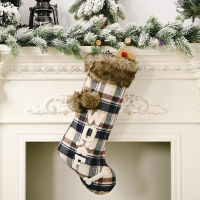 China Burlap Fabric with Large Faux Wolf Fur and Plaid Plush Cuff Stockings, for Christmas Home Decor, Christmas Decorations for sale