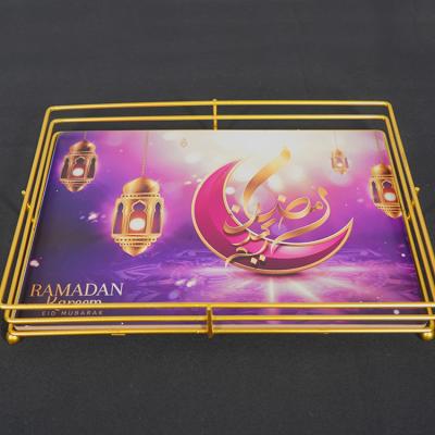 China Gold Plated Metal 2022 Eid Decorations Table Party Dessert Tray Decoration Ramadan Tray Eid Mubarak Supplies for sale