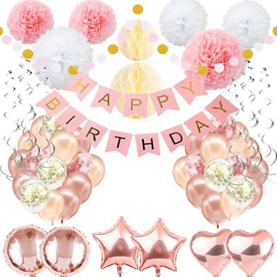 China Happy Birthday Girl Banner Pom Poms Honeycomb Garland Confetti Balloons Birthday Party Set for Happy Birthday Party Supplies for sale