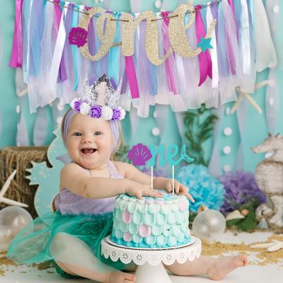 China Party Decorations Mermaid Decorations Set Themed Birthday Pennant Banner and Mermaid Cake Topper Crown 1st Birthday Decor Birthday Party Supplies for sale