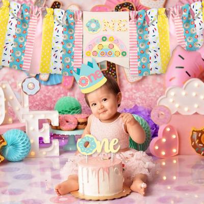 China Party Decorations Donut Theme One Year Birthday Banner Happy Birthday Decoration Set for Baby Shower Happy Birthday Party Decorations Set for sale