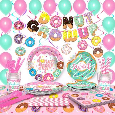 China 16 Guests Donut Party Tableware Set Cake Topper Paper Plate Napkins Cupcake Paper Holder for Kids Birthday Party Supplies Decoration for sale