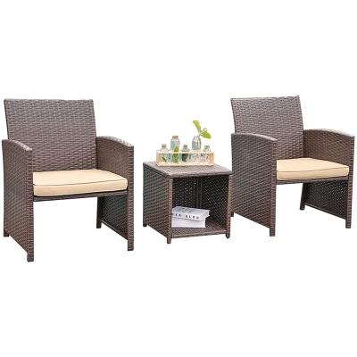 China Modern Outdoor Furniture Set PE Patio Porch Chair with Storage Side Table Rattan Upholstered Tavern Set 3 Piece Set for sale