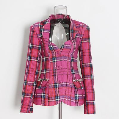 China Backless Patchwork Diamond Single Breasted Women Anti-Wrinkle Pink Casual Plaid Blazer for sale