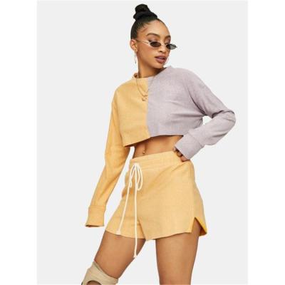 China Plus Size Two Tone Custom Logo Tracksuit Fashion Cropped Top Women's Tracksuit Long Sleeve Shorts Tracksuit for sale