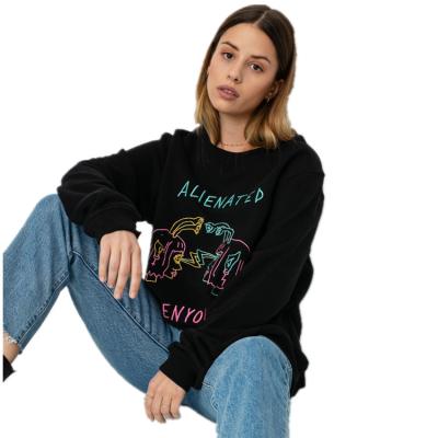 China Anti-wrinkle Special Logo Pullover Black Crewneck Women Embroidered Oversized Sweatshirt for sale