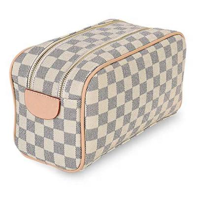 China Fashion Luxury Checkered Two-zipper Make Up PU Leather Toiletry Travel Cosmetic Bag for sale