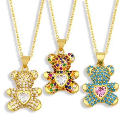 China New Trendy Heart Shape Bear Necklace PONEES Simple Colorful Zircon Pendant Necklace For Women Girls Gift for sale