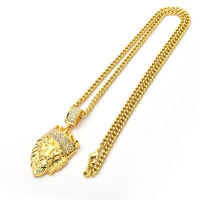 China Hot Sale 18K Hiphop PONEES Real Gold Diamond Crown Lion Head Hip Pendant Necklace For Men for sale